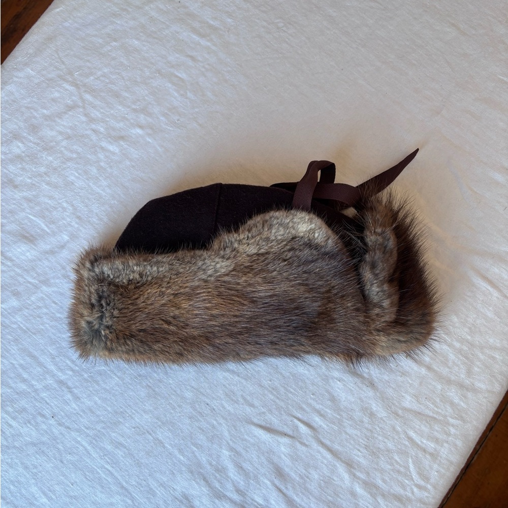 Vintage Fur Trapper Hat Fabric Crown Fur Trim Size 7 1/4